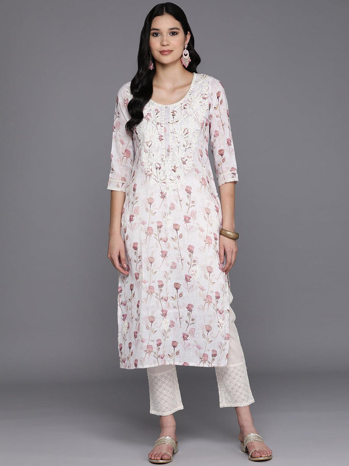 Off White Printed Cotton Straight Kurta