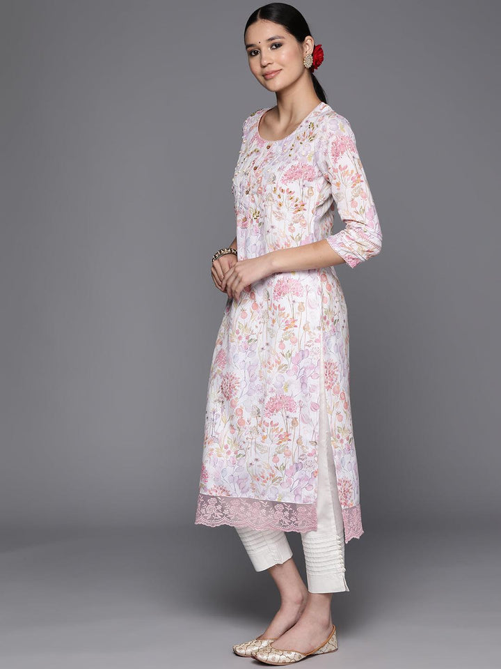 Off White Printed Cotton Straight Kurta