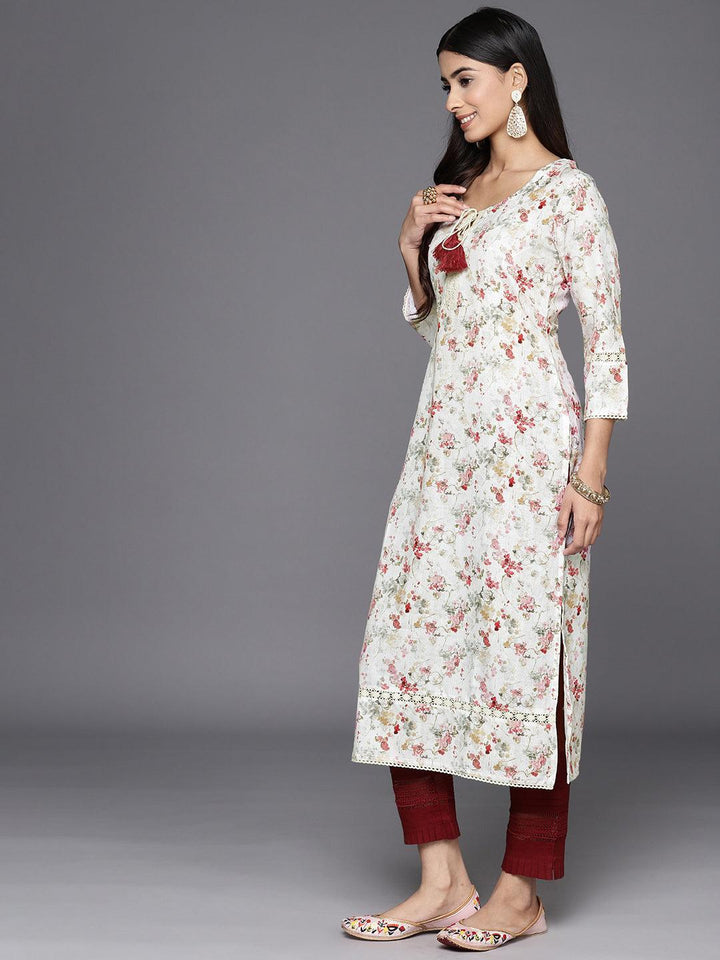 Off White Printed Cotton Straight Kurta