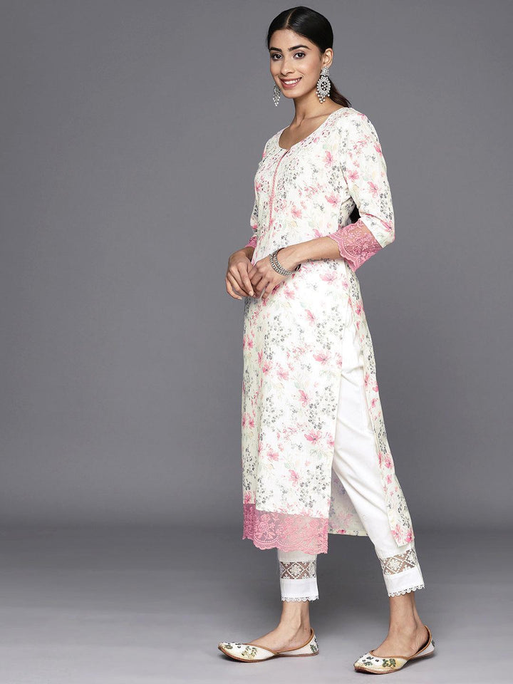 Off White Printed Cotton Straight Kurta