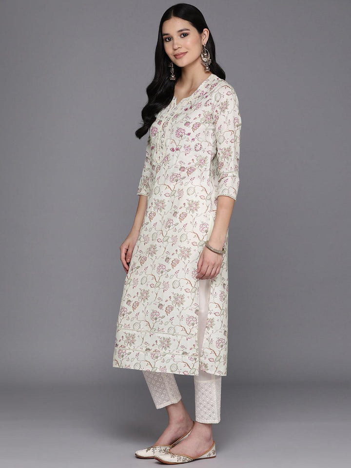 Off White Printed Cotton Straight Kurta