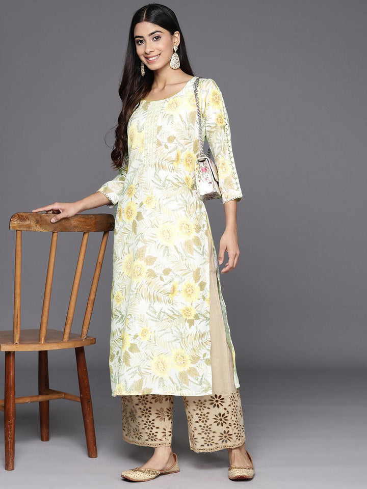 Off White Printed Cotton Straight Kurta