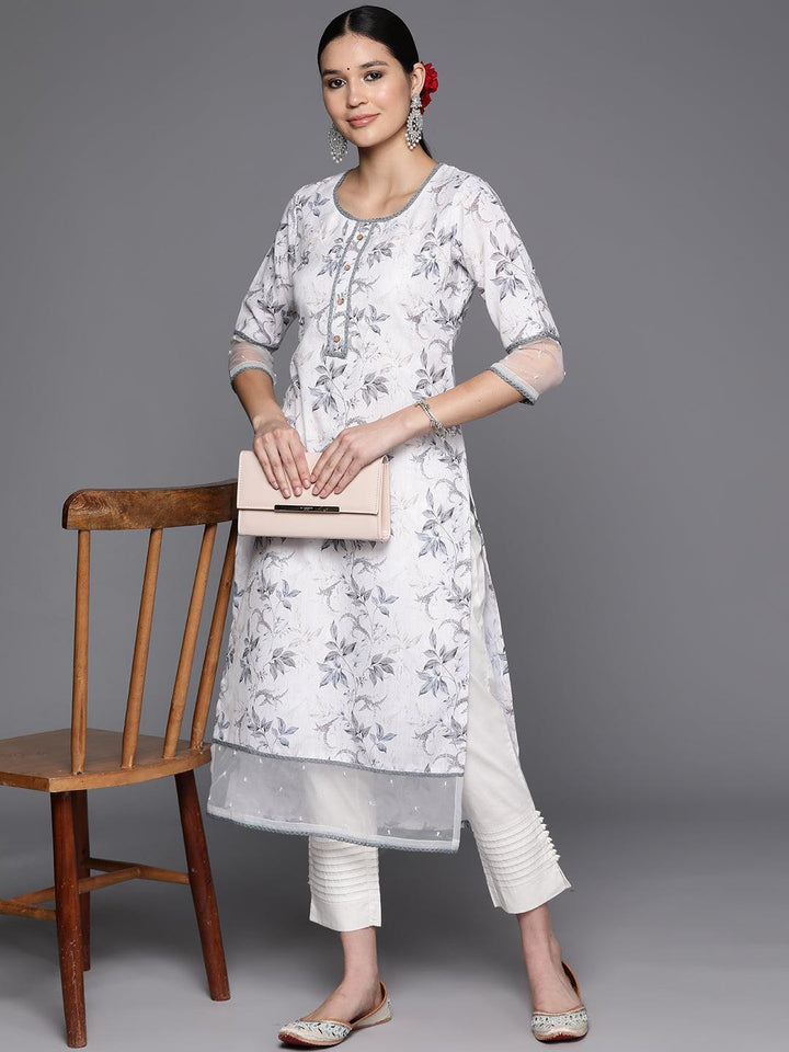 Off White Printed Cotton Straight Kurta