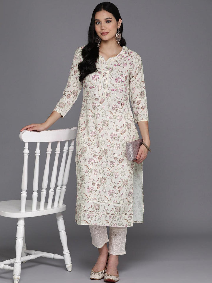 Off White Printed Cotton Straight Kurta