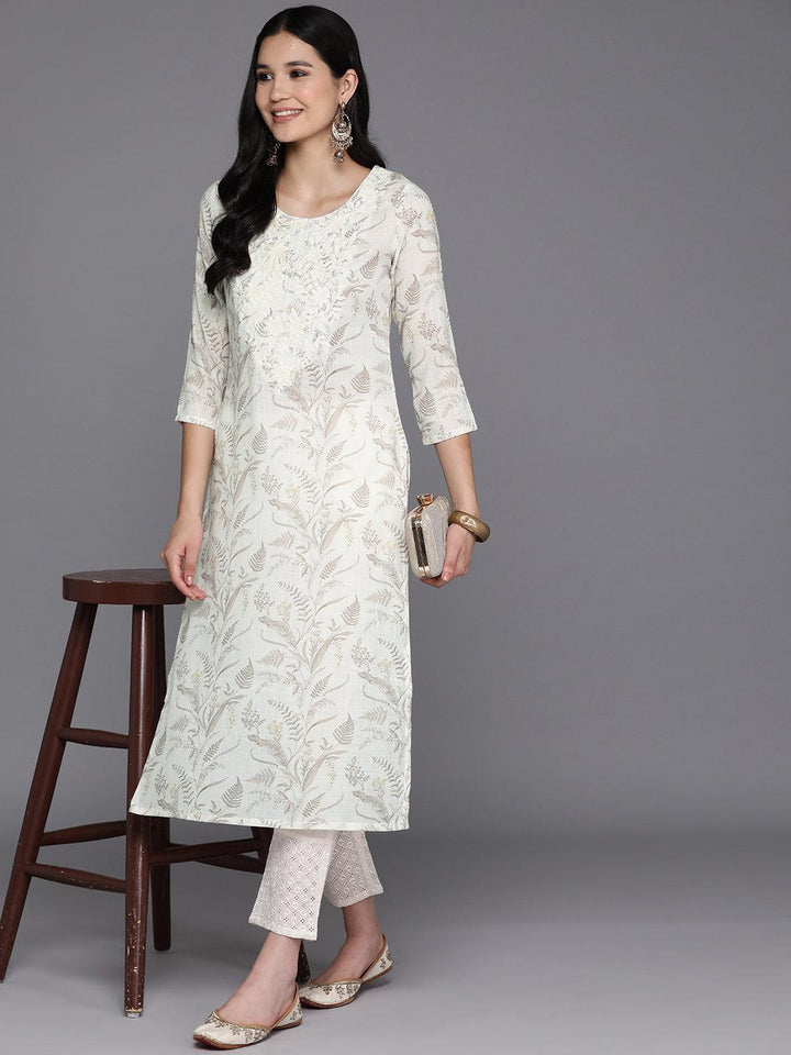 Off White Printed Cotton Straight Kurta