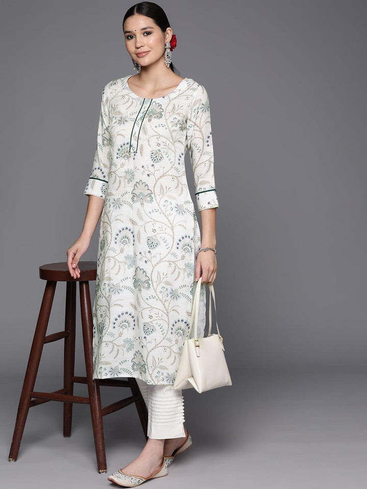 Off White Printed Cotton Straight Kurta