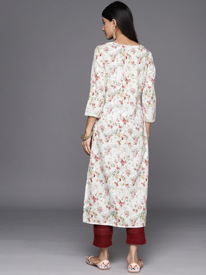 Off White Printed Cotton Straight Kurta