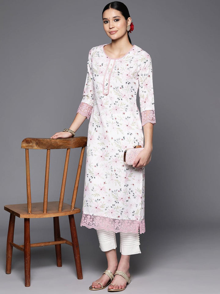 Off White Printed Cotton Straight Kurta
