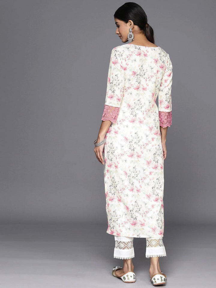 Off White Printed Cotton Straight Kurta