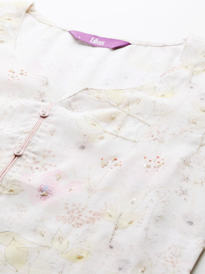 Off White Printed Cotton Straight Kurta