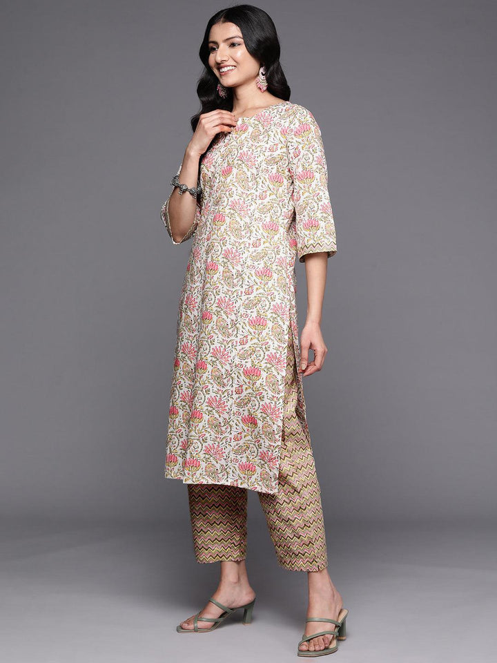 Off White Printed Cotton Straight Suit Set With Trousers