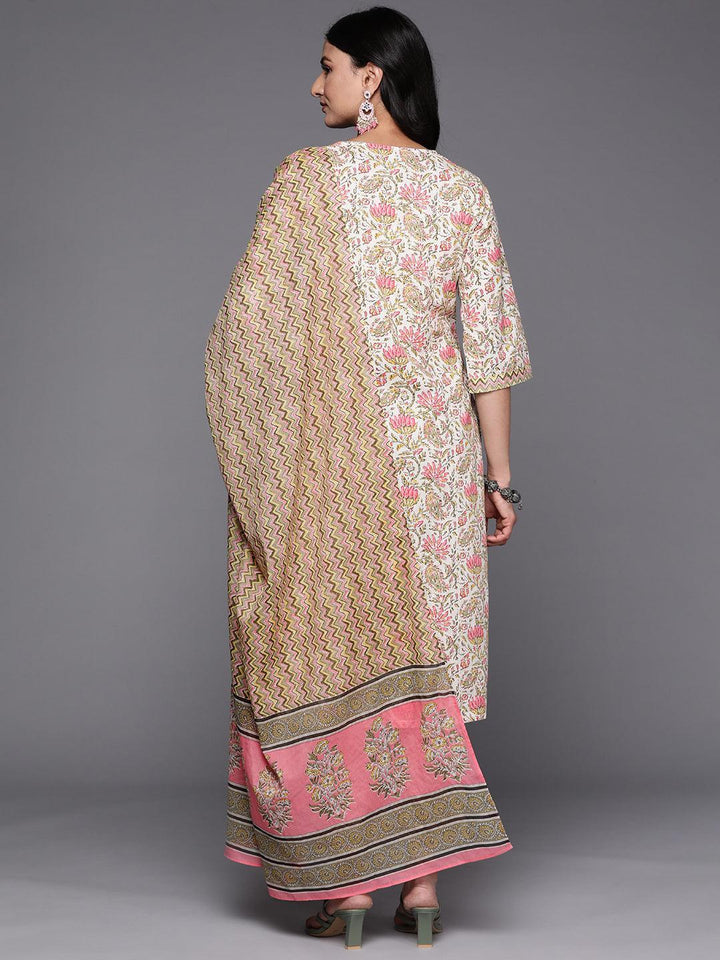 Off White Printed Cotton Straight Suit Set With Trousers
