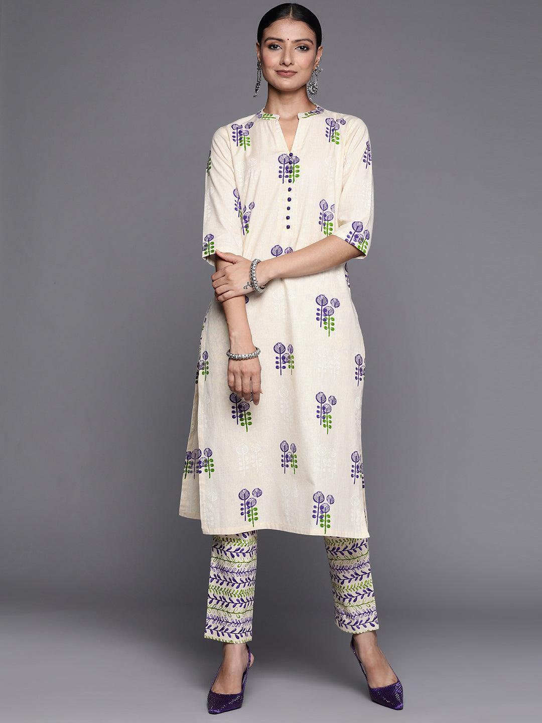 Off White Printed Cotton Straight Kurta Set - ShopLibas