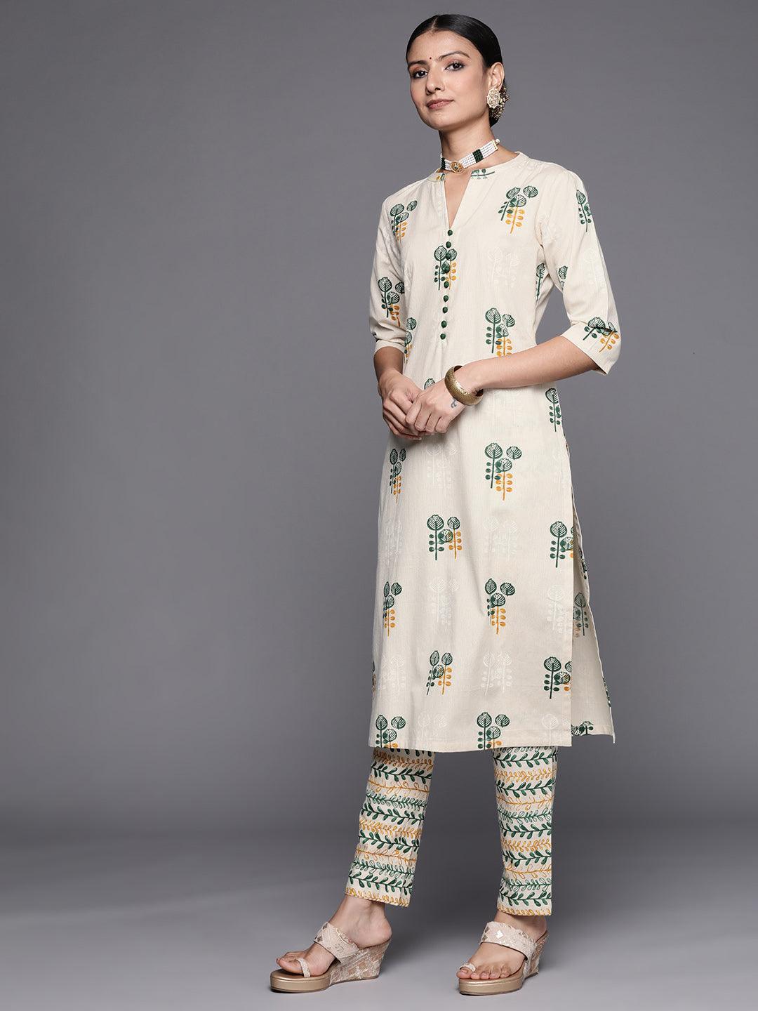 Off White Printed Cotton Straight Kurta Set - ShopLibas