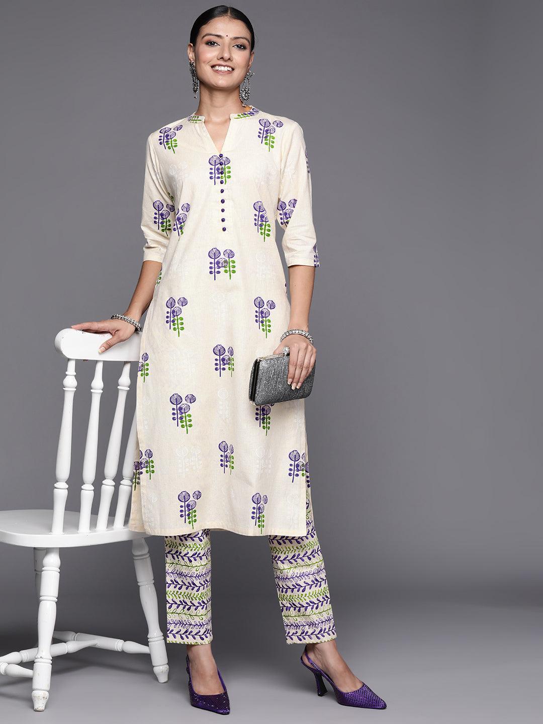 Off White Printed Cotton Straight Kurta Set - ShopLibas