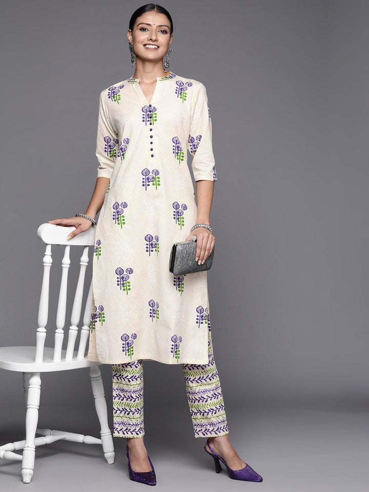 Off White Printed Cotton Straight Kurta Set