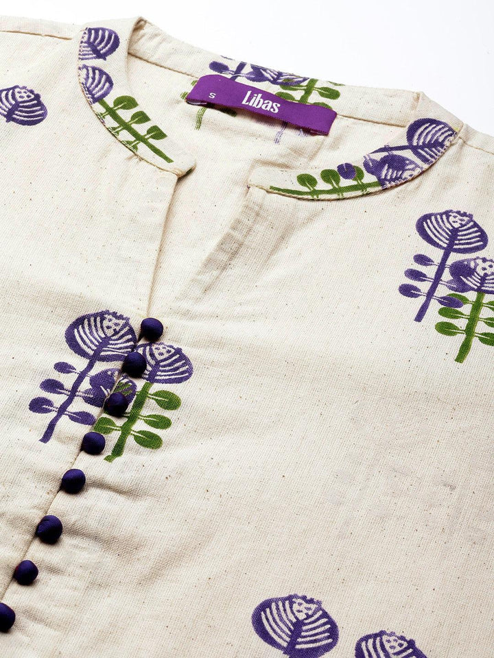 Off White Printed Cotton Straight Kurta Set