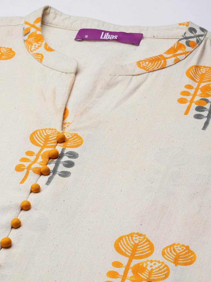 Off White Printed Cotton Straight Kurta Set