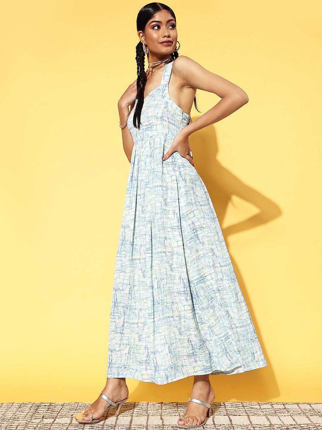Off White Printed Georgette Fit and Flare Dress - ShopLibas