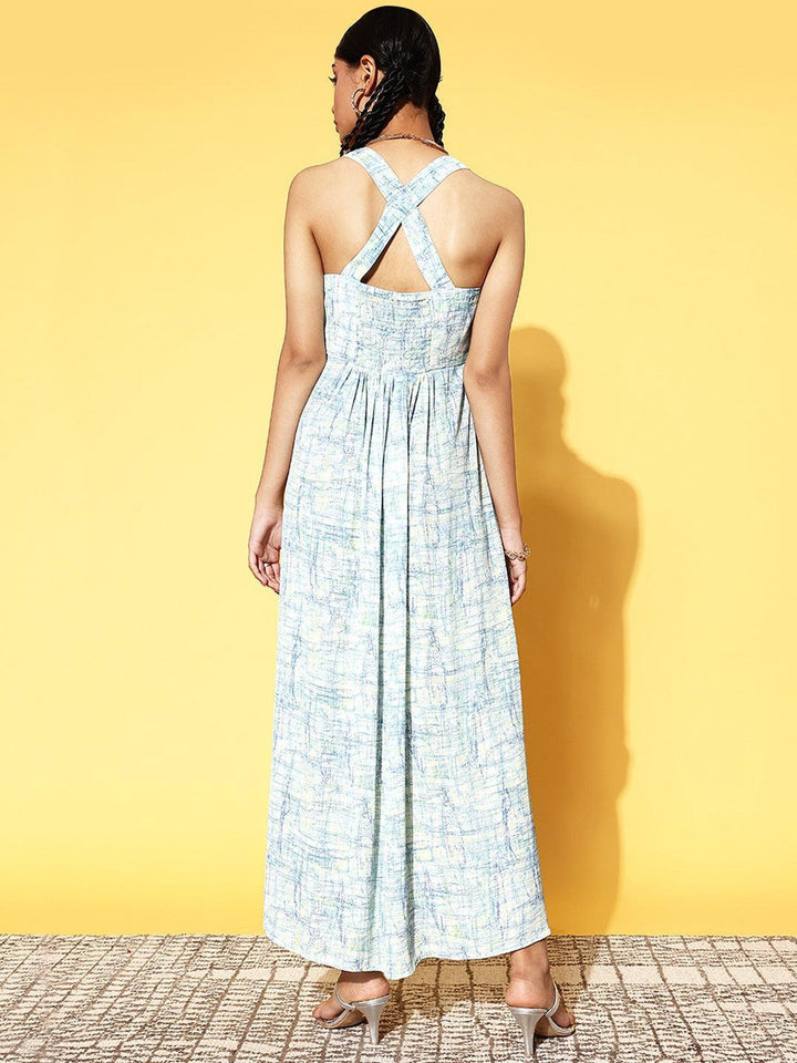 Off White Printed Georgette Fit and Flare Dress