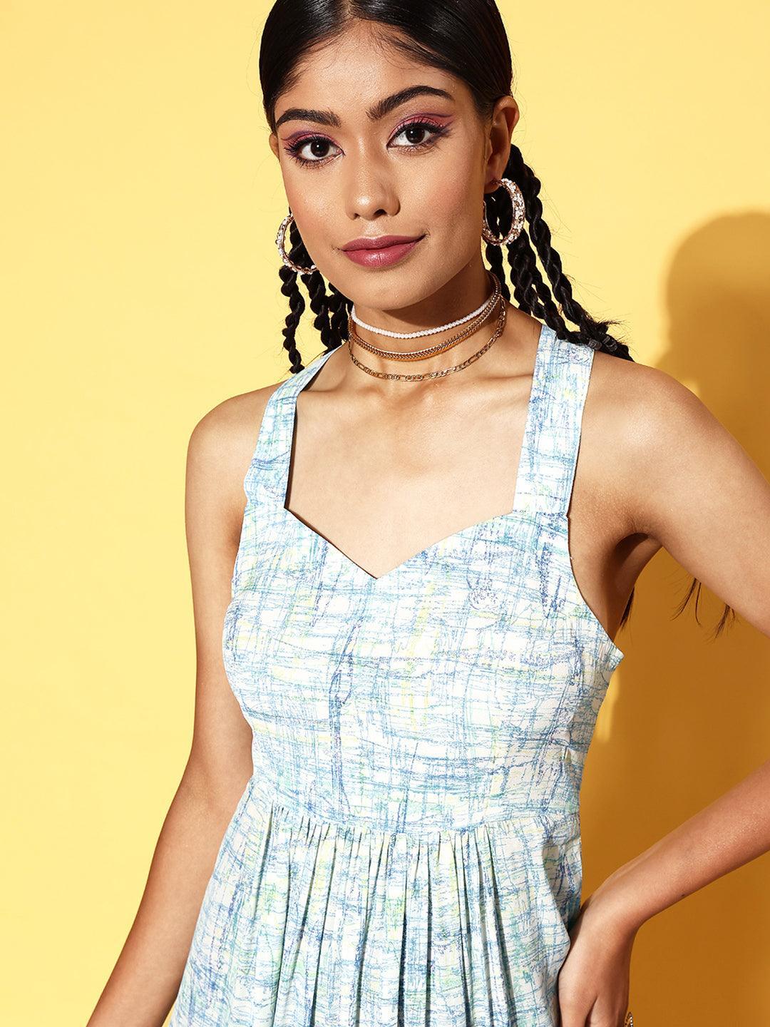 Off White Printed Georgette Fit and Flare Dress - ShopLibas