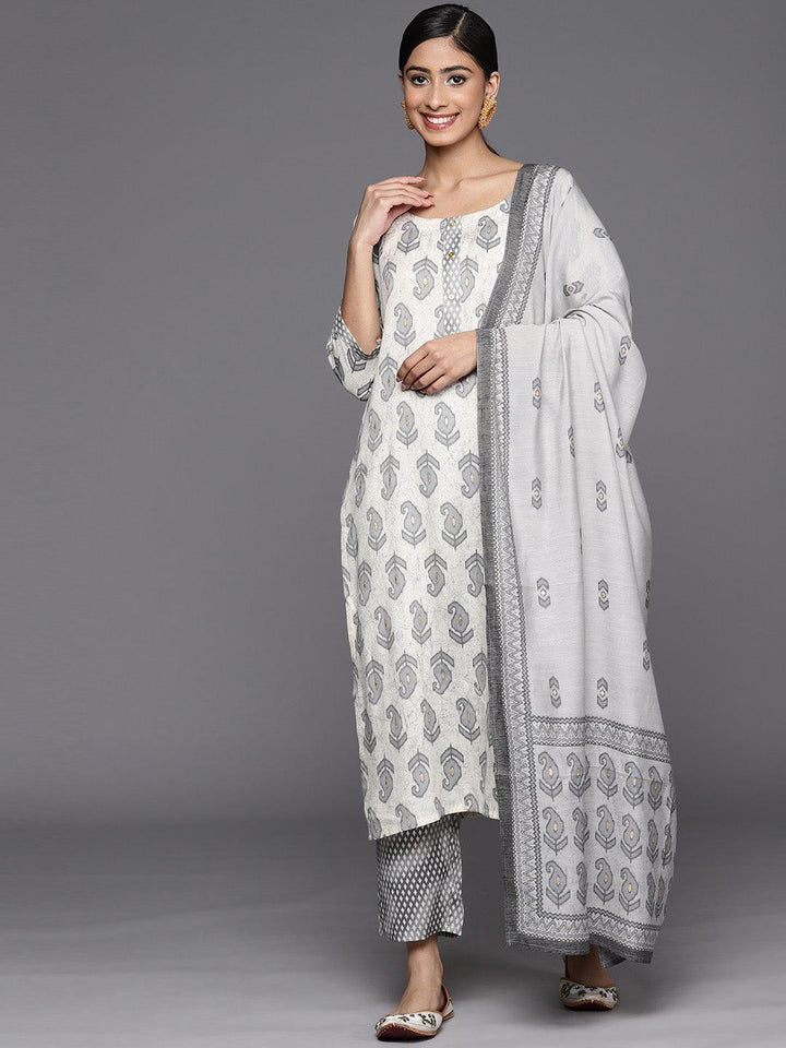 Off White Printed Rayon Straight Suit Set With Trousers