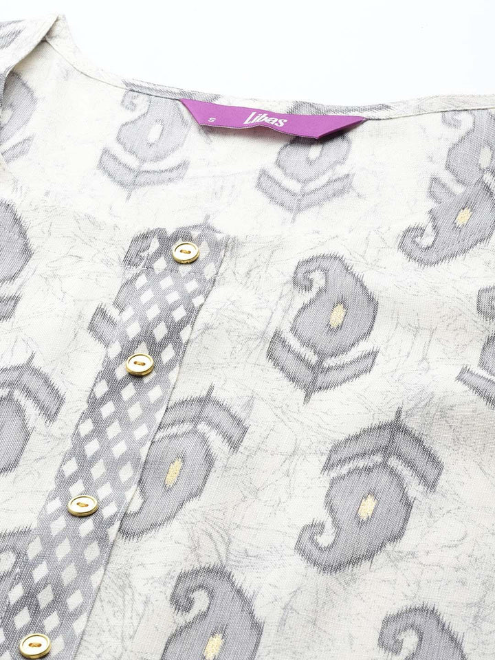 Off White Printed Rayon Straight Suit Set With Trousers