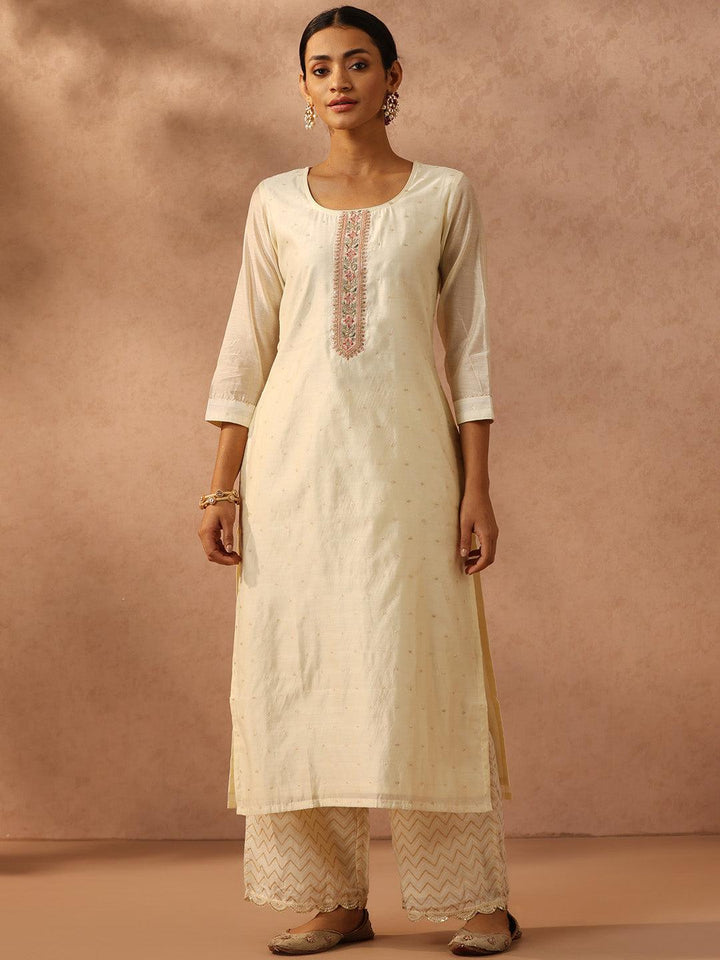 Off White Embroidered Chanderi Silk Straight Kurta