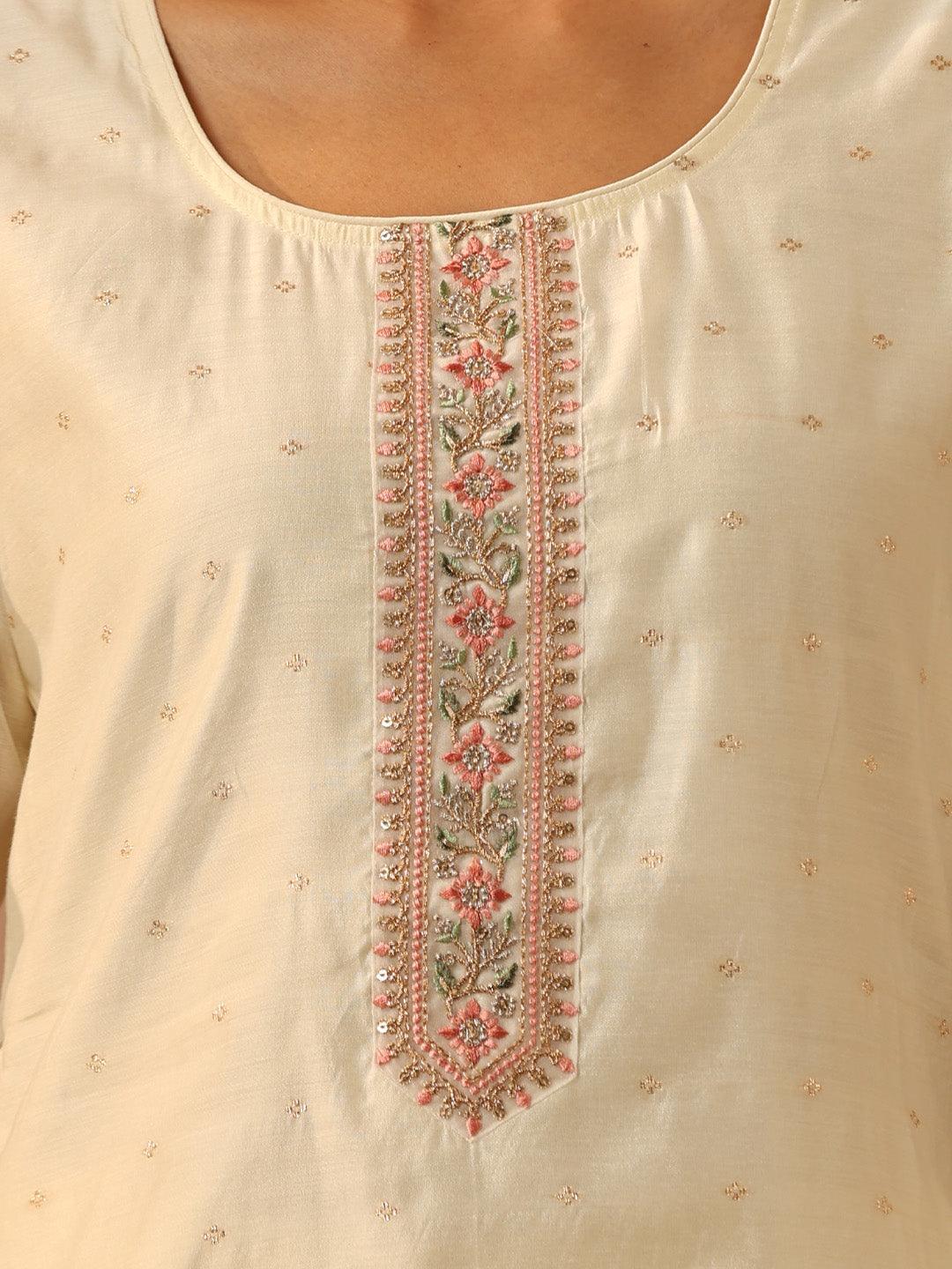 Off White Embroidered Chanderi Silk Straight Kurta - ShopLibas