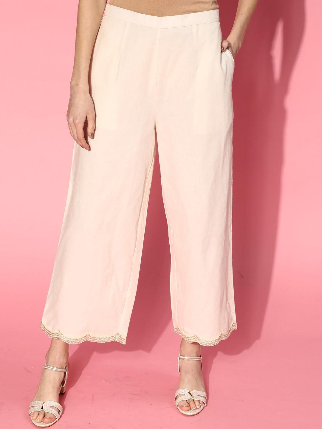 Off White Solid Cotton Palazzos - ShopLibas