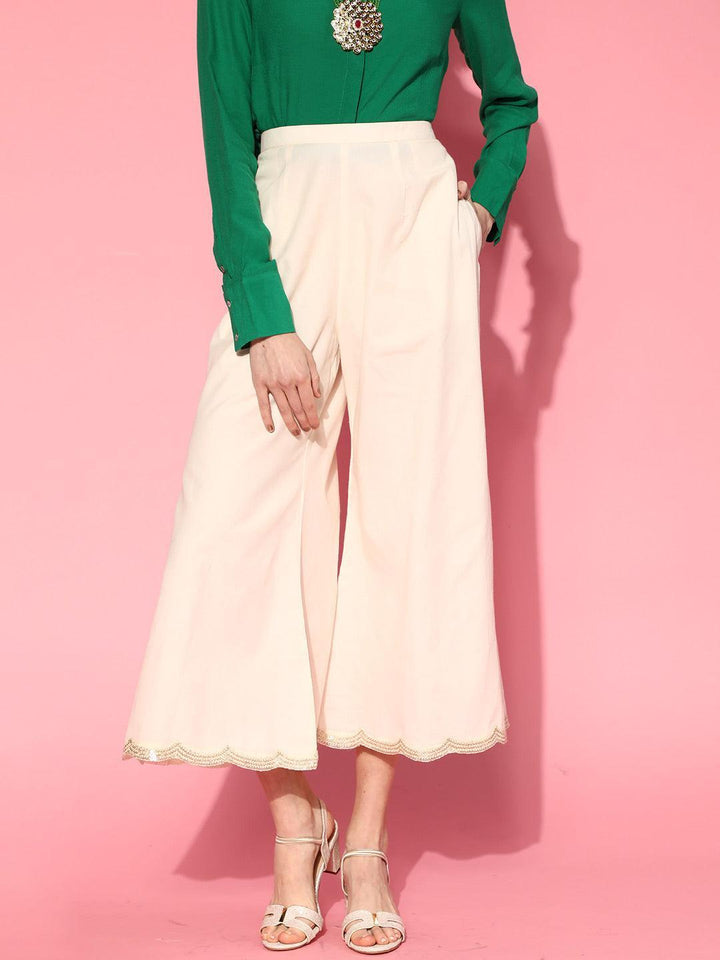 Off White Solid Cotton Palazzos