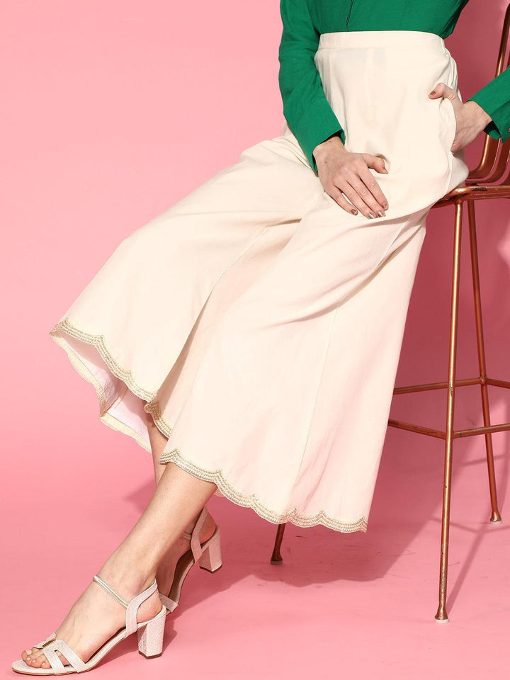 Off White Solid Cotton Palazzos