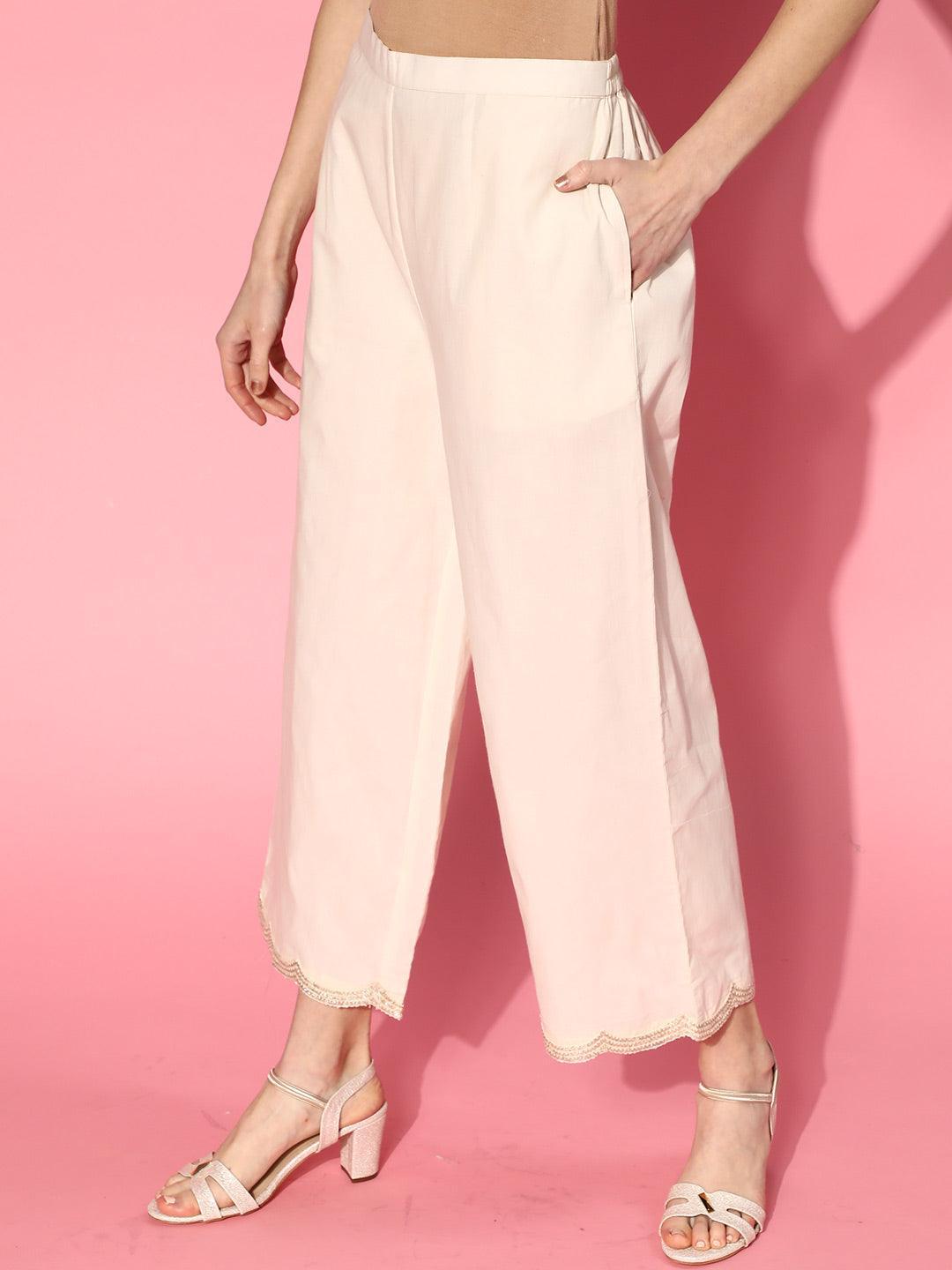 Off White Solid Cotton Palazzos - ShopLibas