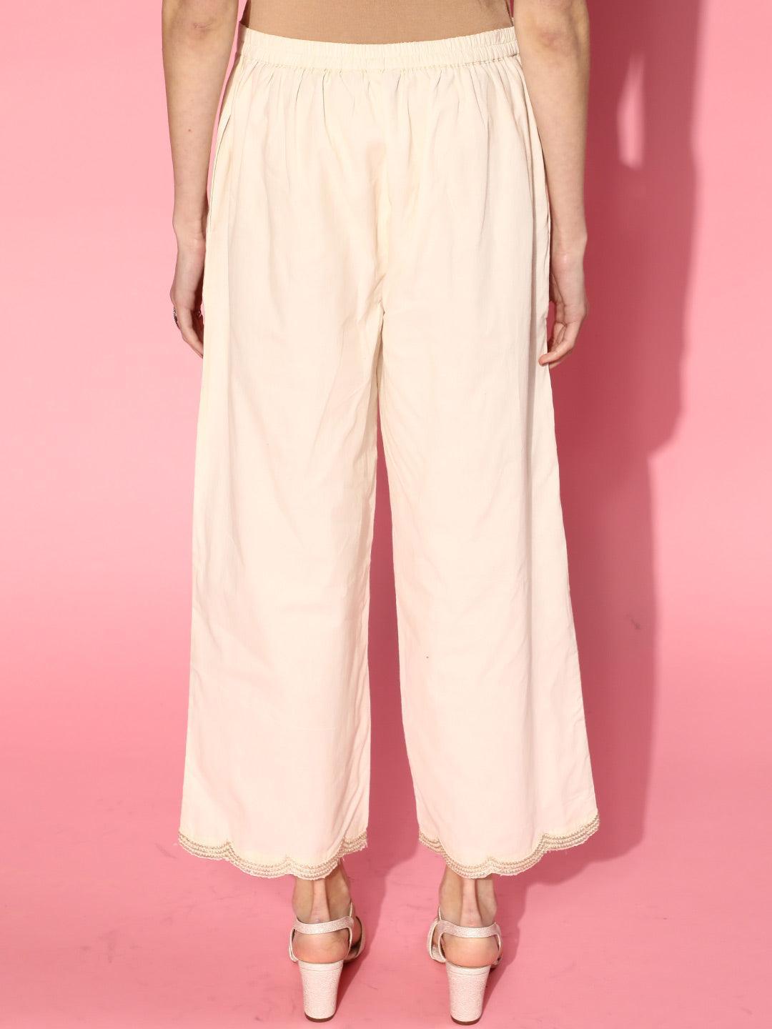 Off White Solid Cotton Palazzos - ShopLibas