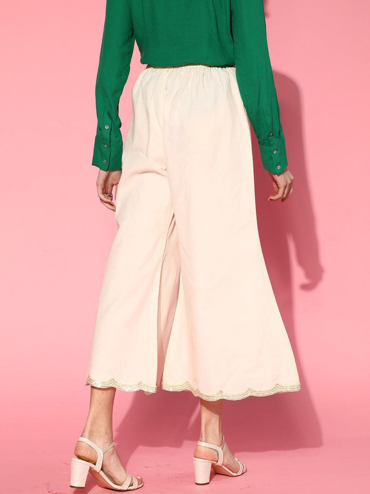 Off White Solid Cotton Palazzos