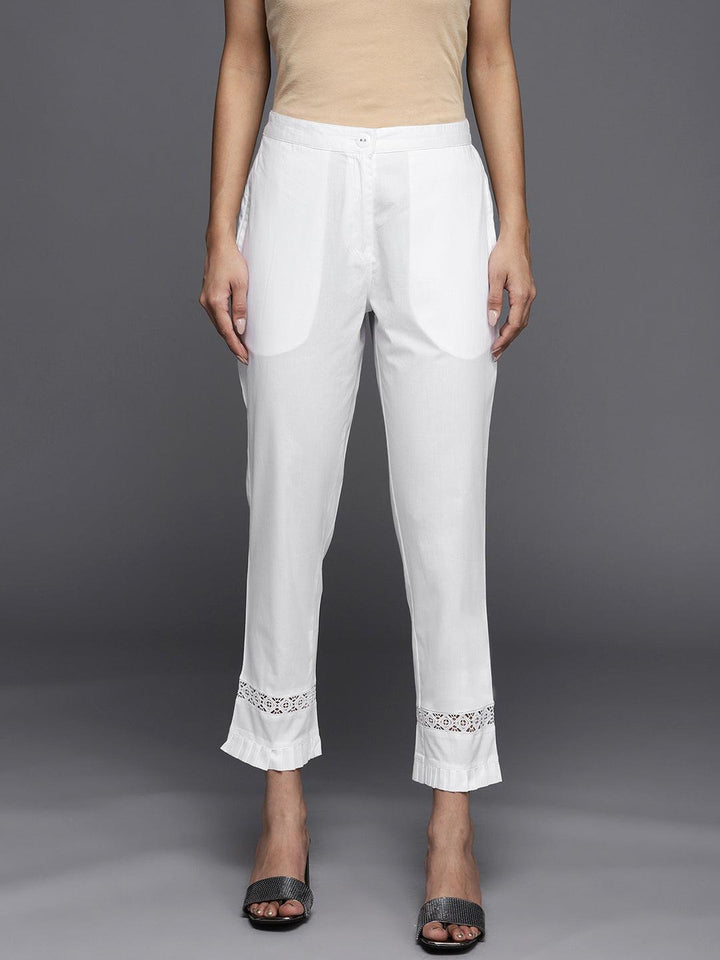 Off White Solid Cotton Trousers