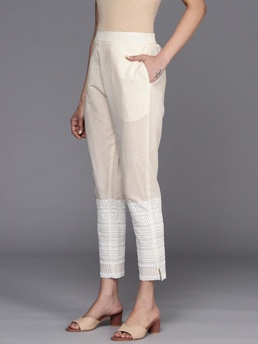 Off White Solid Cotton Trousers - ShopLibas