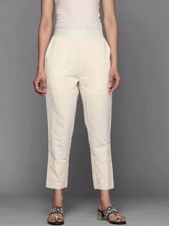 Off White Embroidered Cotton Trousers