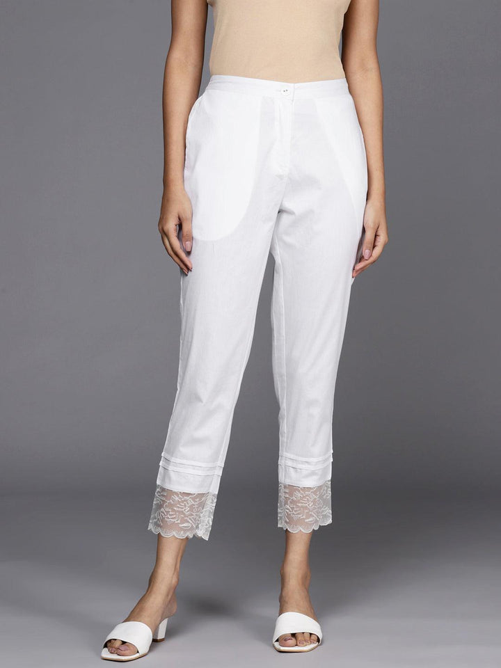 Off White Solid Cotton Trousers
