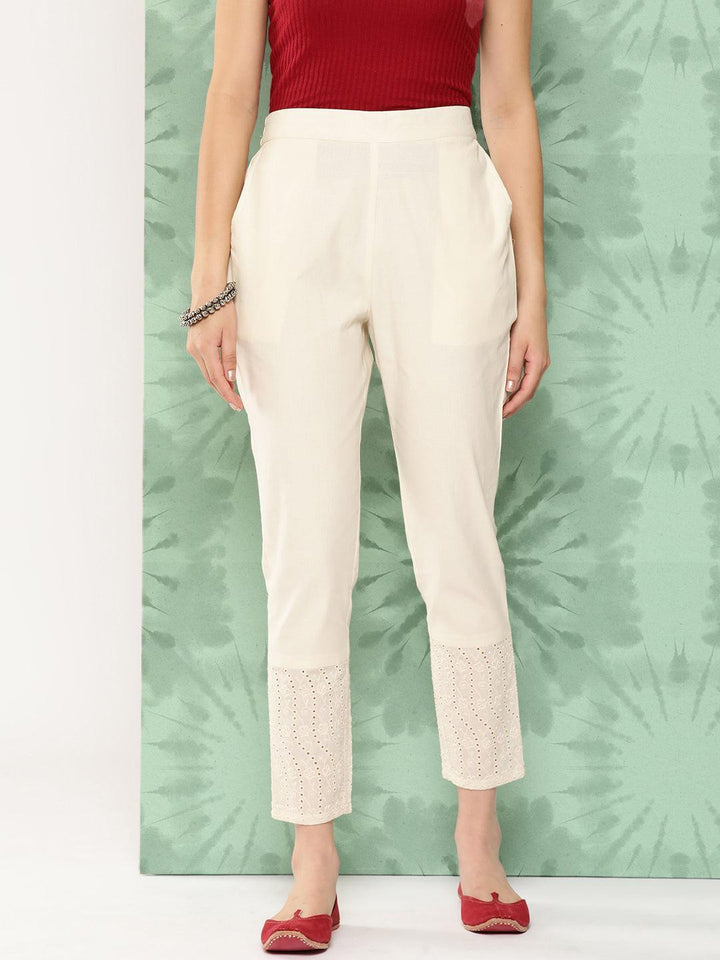 Off White Solid Cotton Trousers