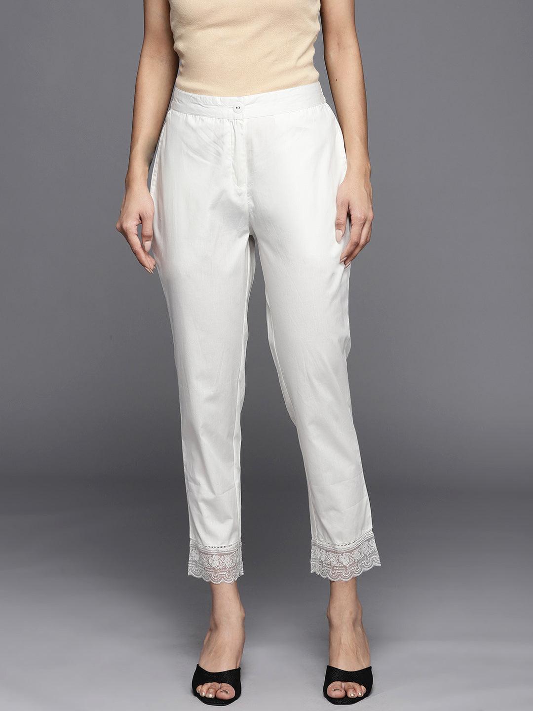 Off White Solid Cotton Trousers - ShopLibas