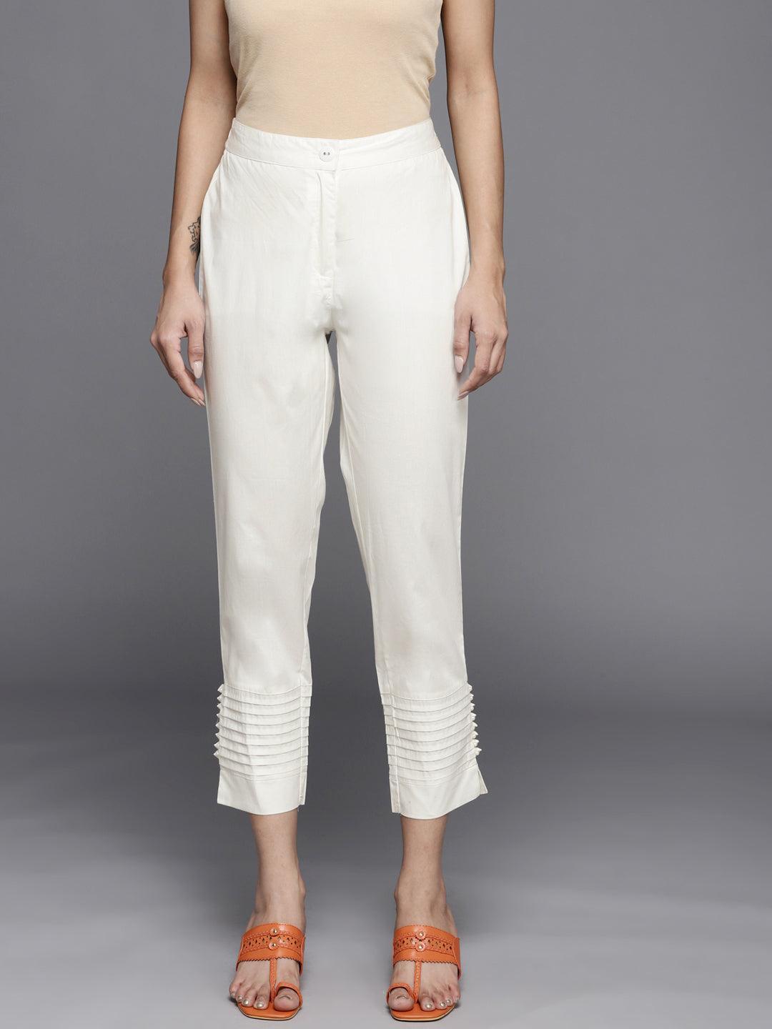 Off White Solid Cotton Trousers - ShopLibas