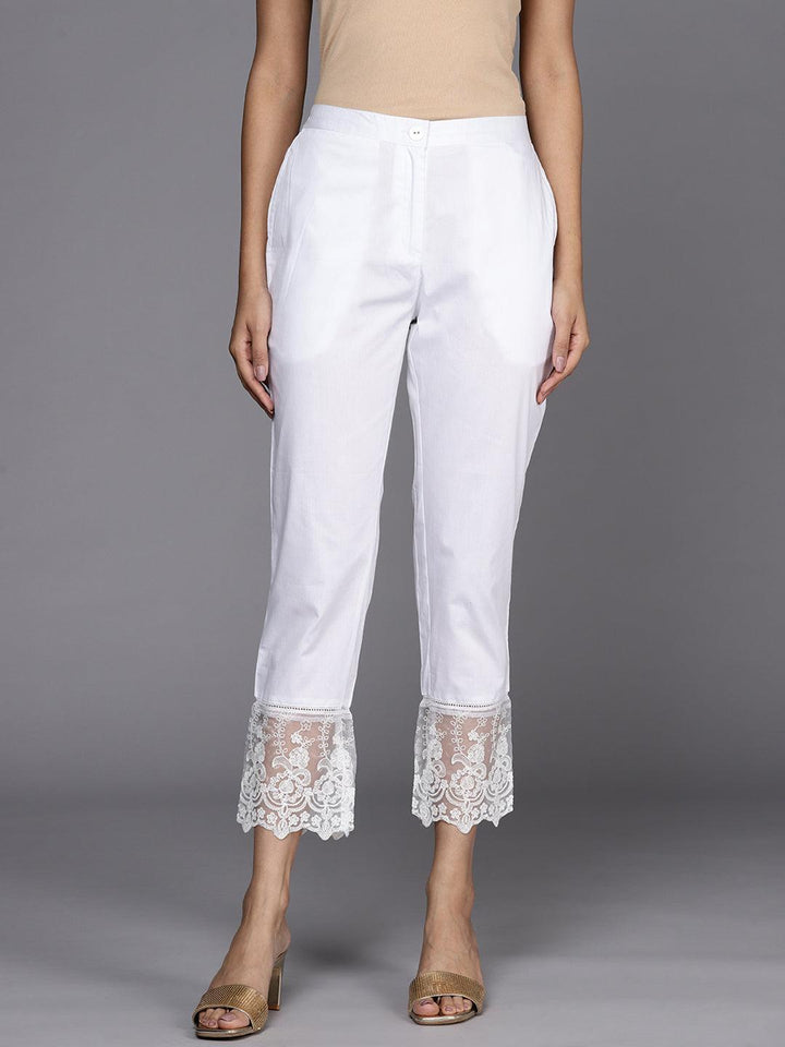 Off White Solid Cotton Trousers