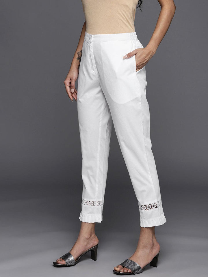 Off White Solid Cotton Trousers