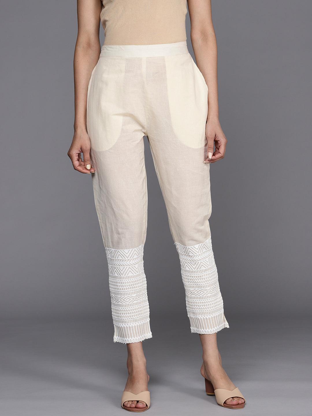 Off White Solid Cotton Trousers - ShopLibas