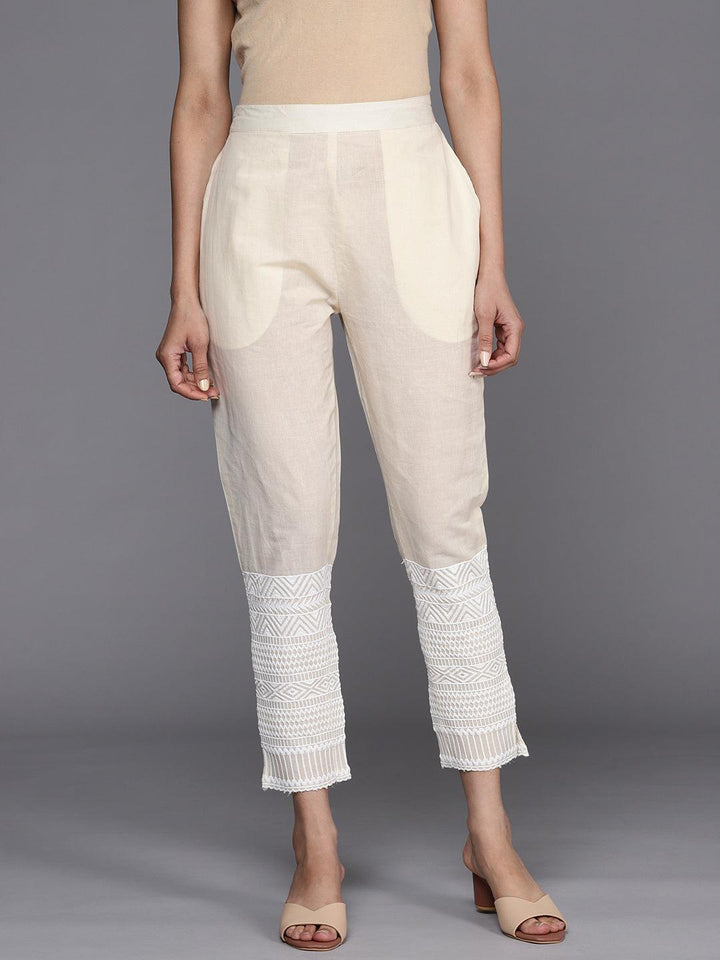 Off White Solid Cotton Trousers