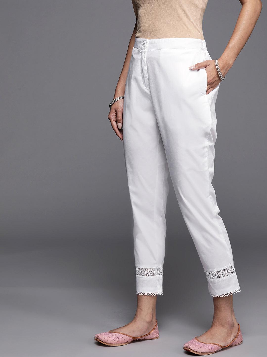 Off White Solid Cotton Trousers - ShopLibas