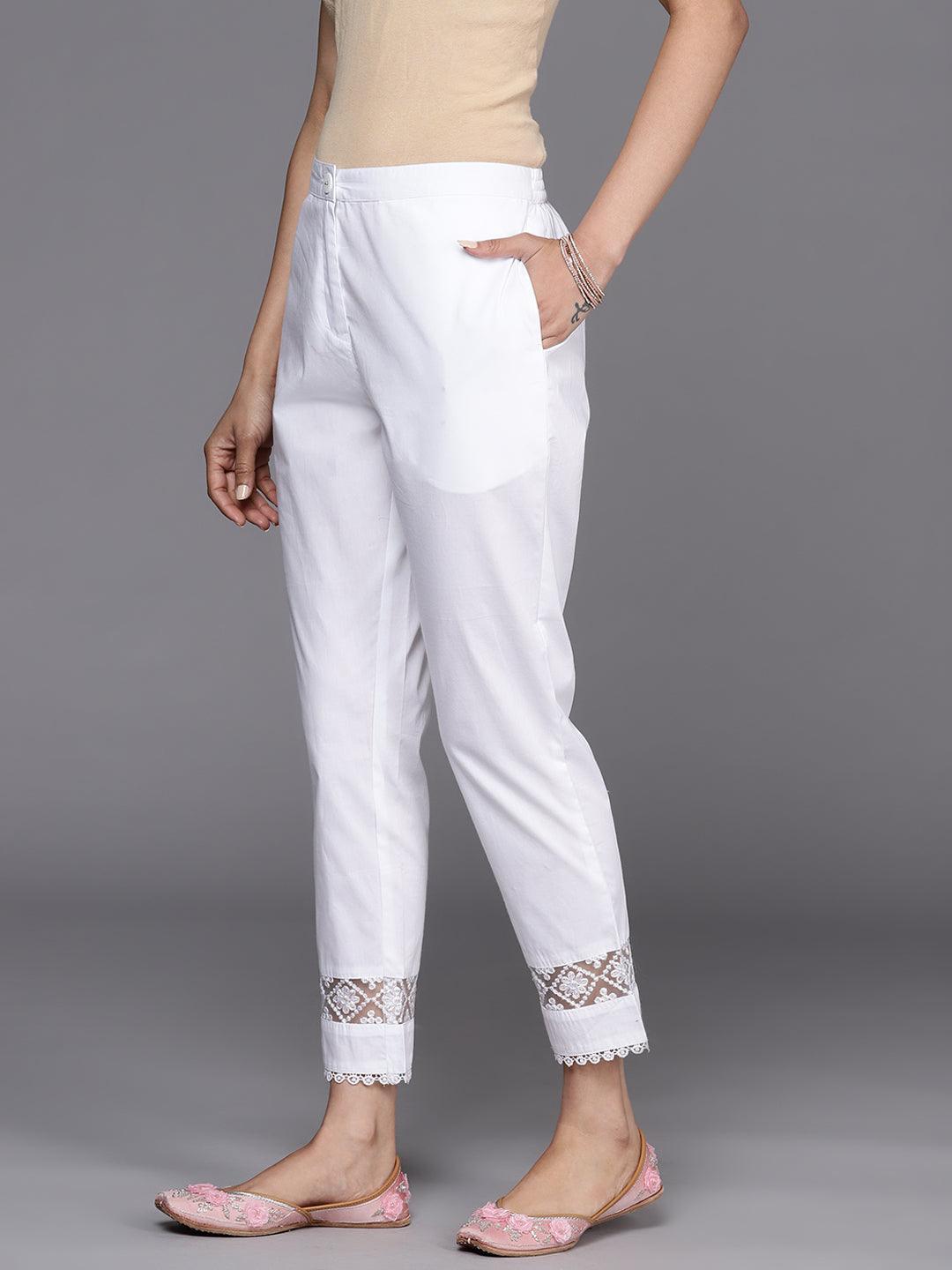 Off White Solid Cotton Trousers - ShopLibas
