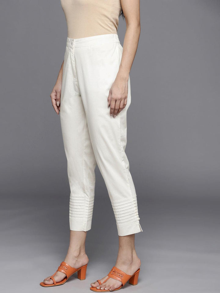 Off White Solid Cotton Trousers