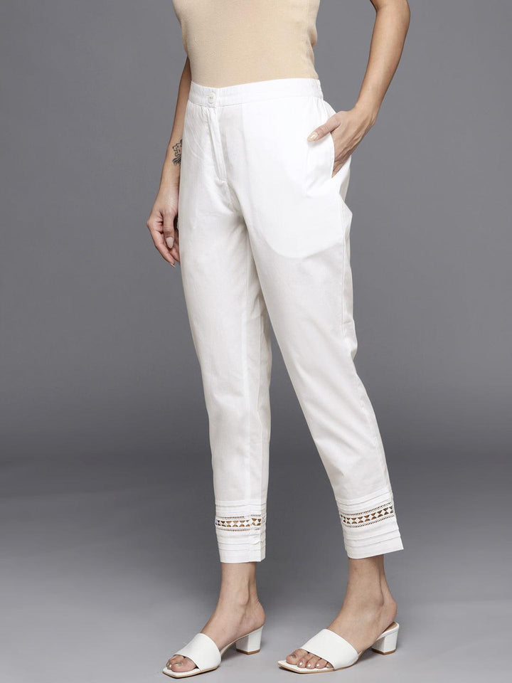 Off White Solid Cotton Trousers